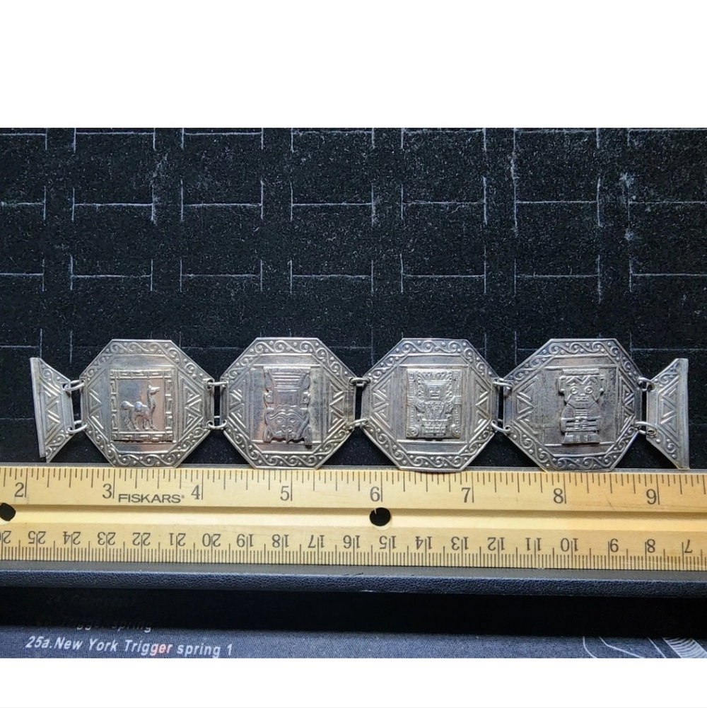 Vintage Sterling Silver Bracelet Mayan Aztec Design Marked/Tested+